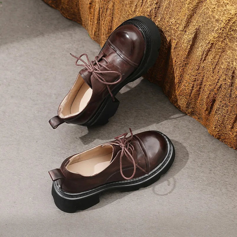 Handmade Genuine Leather Platform Oxford Shoes Round Toe in Black/Burgundy/Dark Brown/Khaki