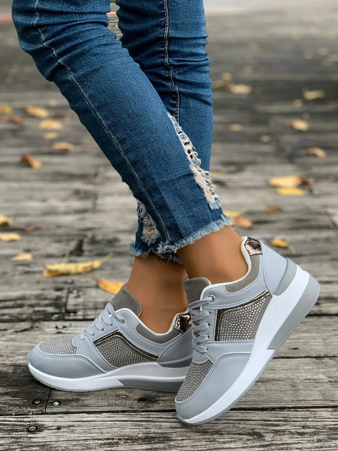 Lace-Up Rhinestone Wedge Sneakers