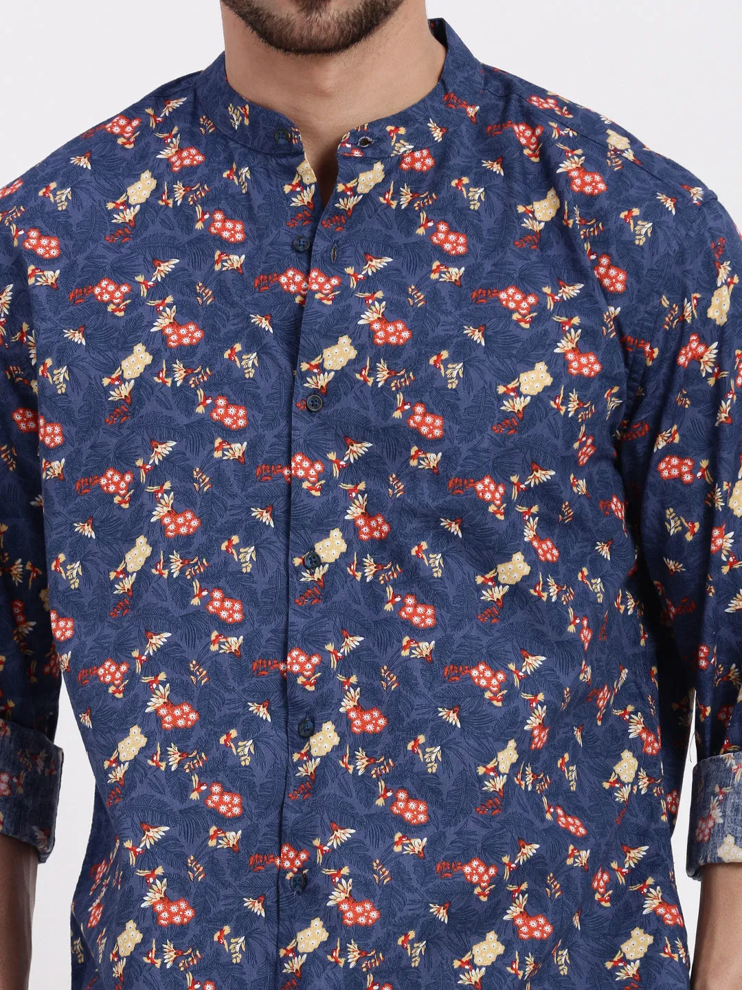 Men Blue Printed Slim Fit Shirt