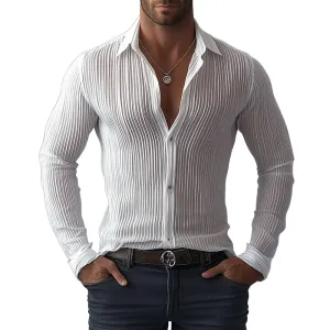 Men Fashion Pleated Slim Fit Lapel Long Sleeve Shirt 62380133Y