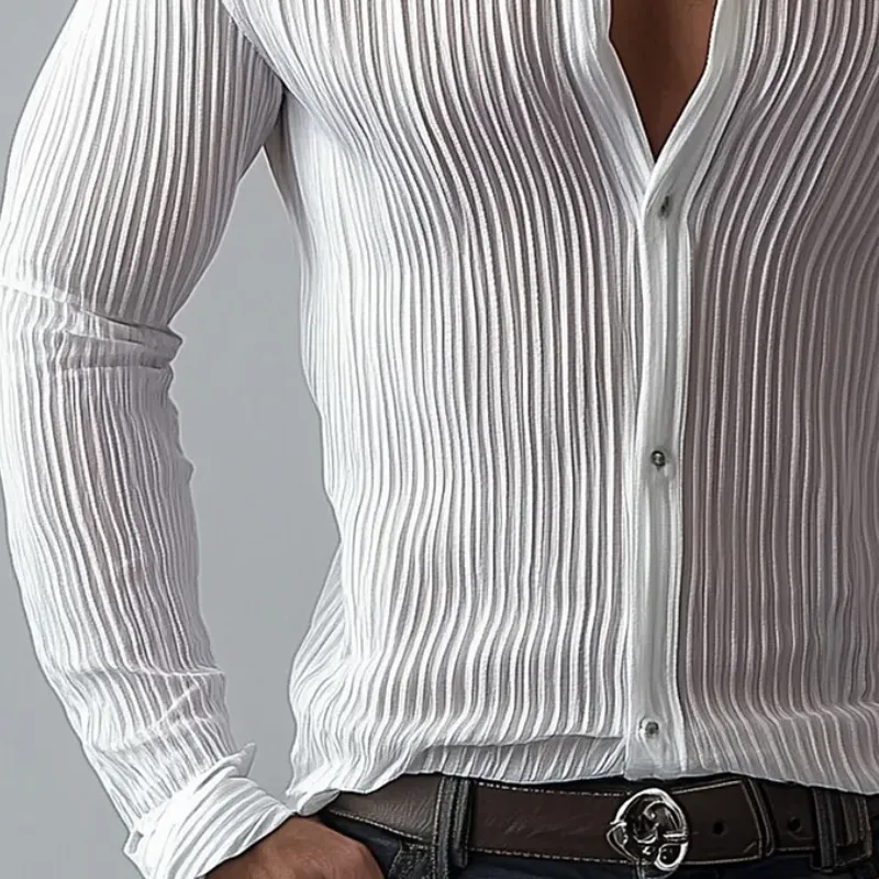 Men Fashion Pleated Slim Fit Lapel Long Sleeve Shirt 62380133Y