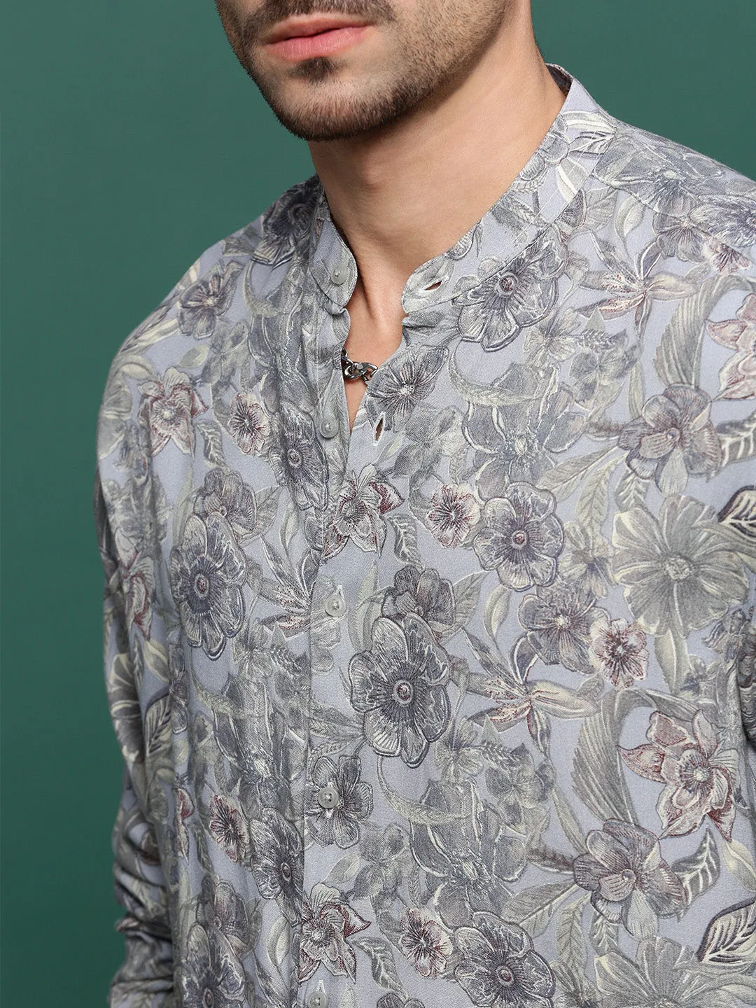 Men Grey Floral Slim Fit Shirt