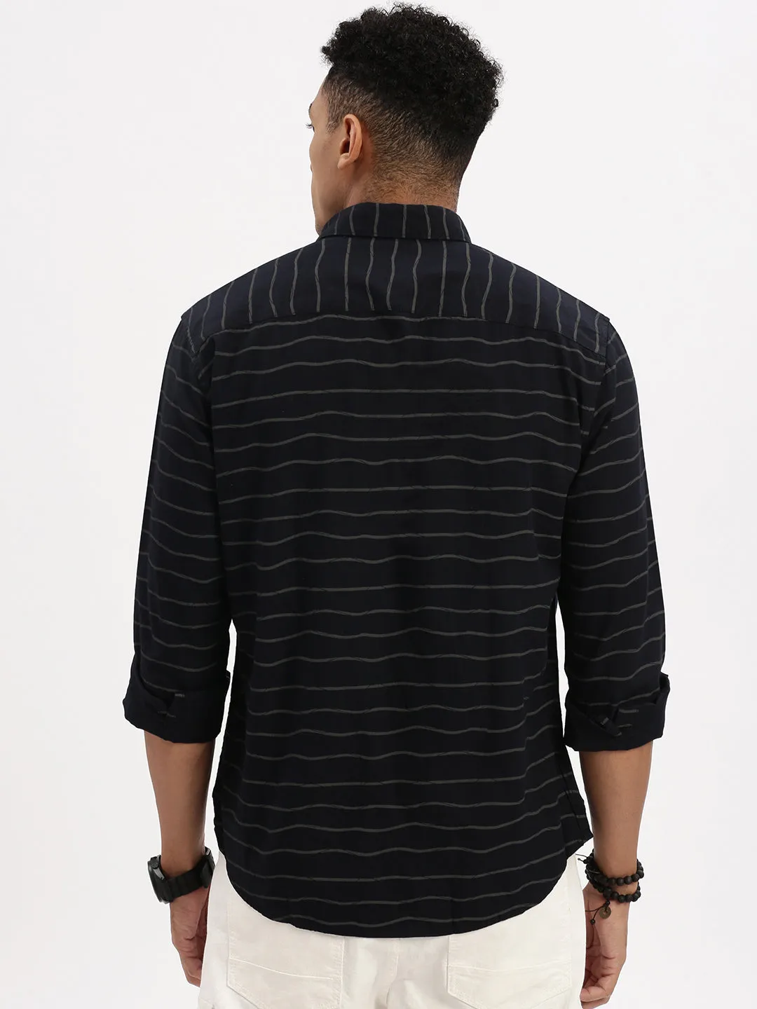 Men Navy Blue Striped Slim Fit Shirt