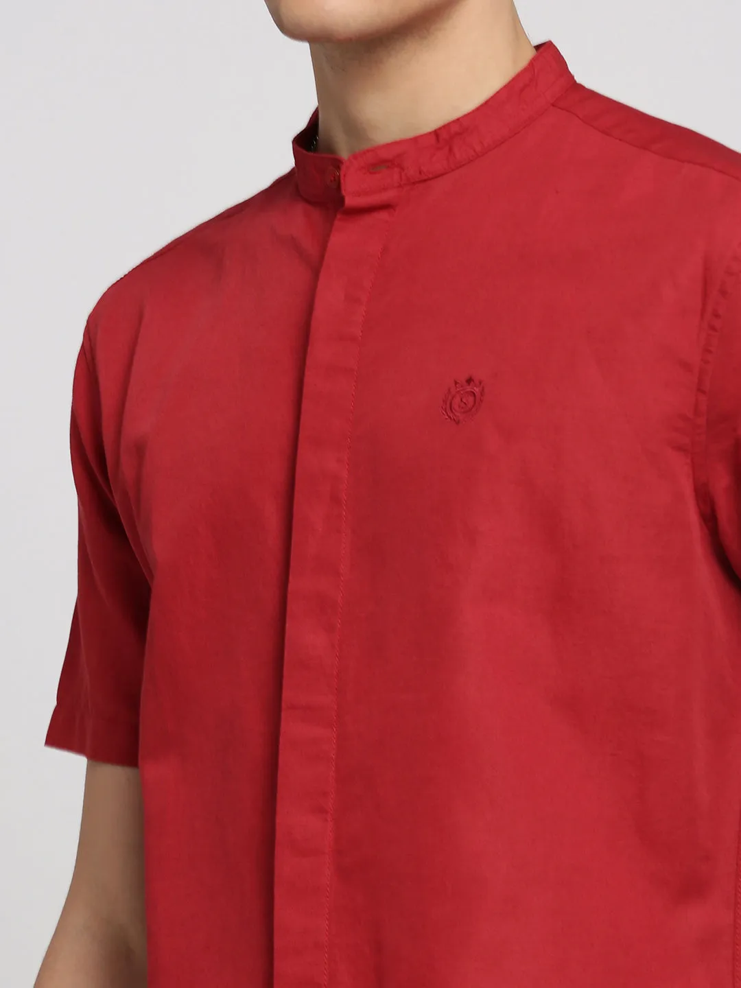 Men Red Mandarin Collar Solid Shirt