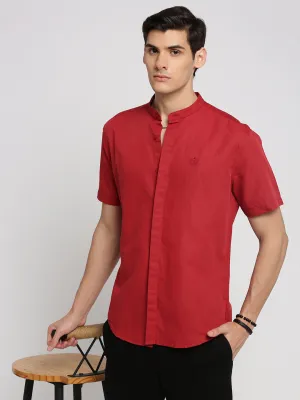 Men Red Mandarin Collar Solid Shirt