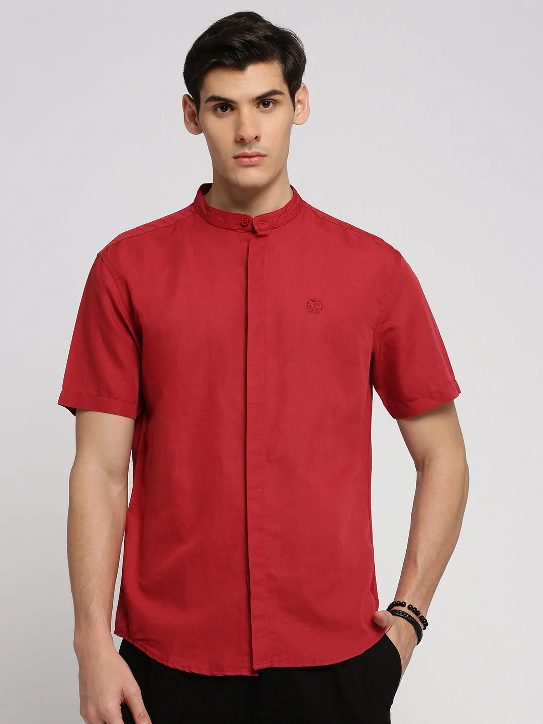 Men Red Mandarin Collar Solid Shirt