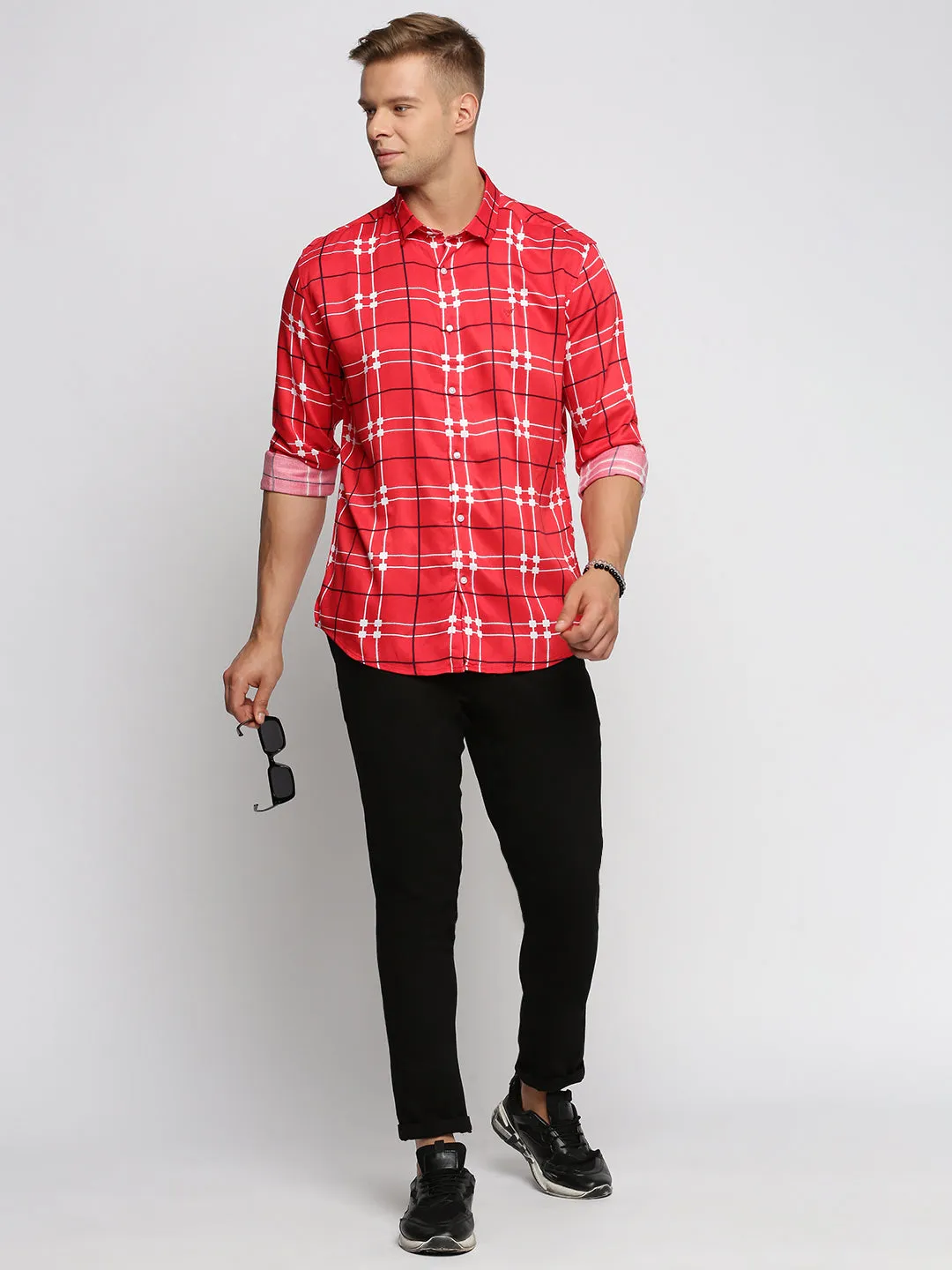 Men Red Spread Collar Windowpane Checks Shirt