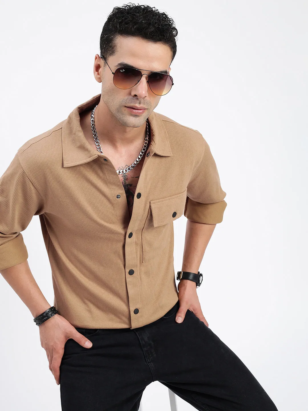 Men Solid Brown Slim Fit Shirt