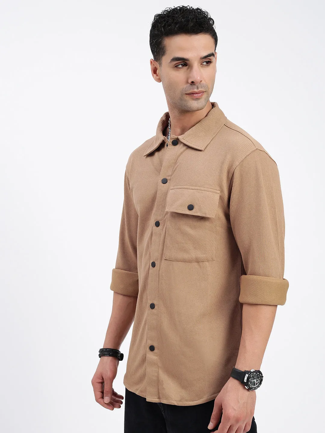 Men Solid Brown Slim Fit Shirt