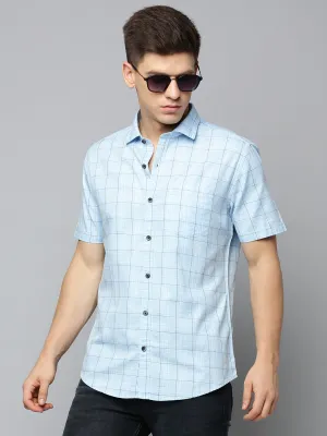 Men Spread Collar Checked Blue Shirt