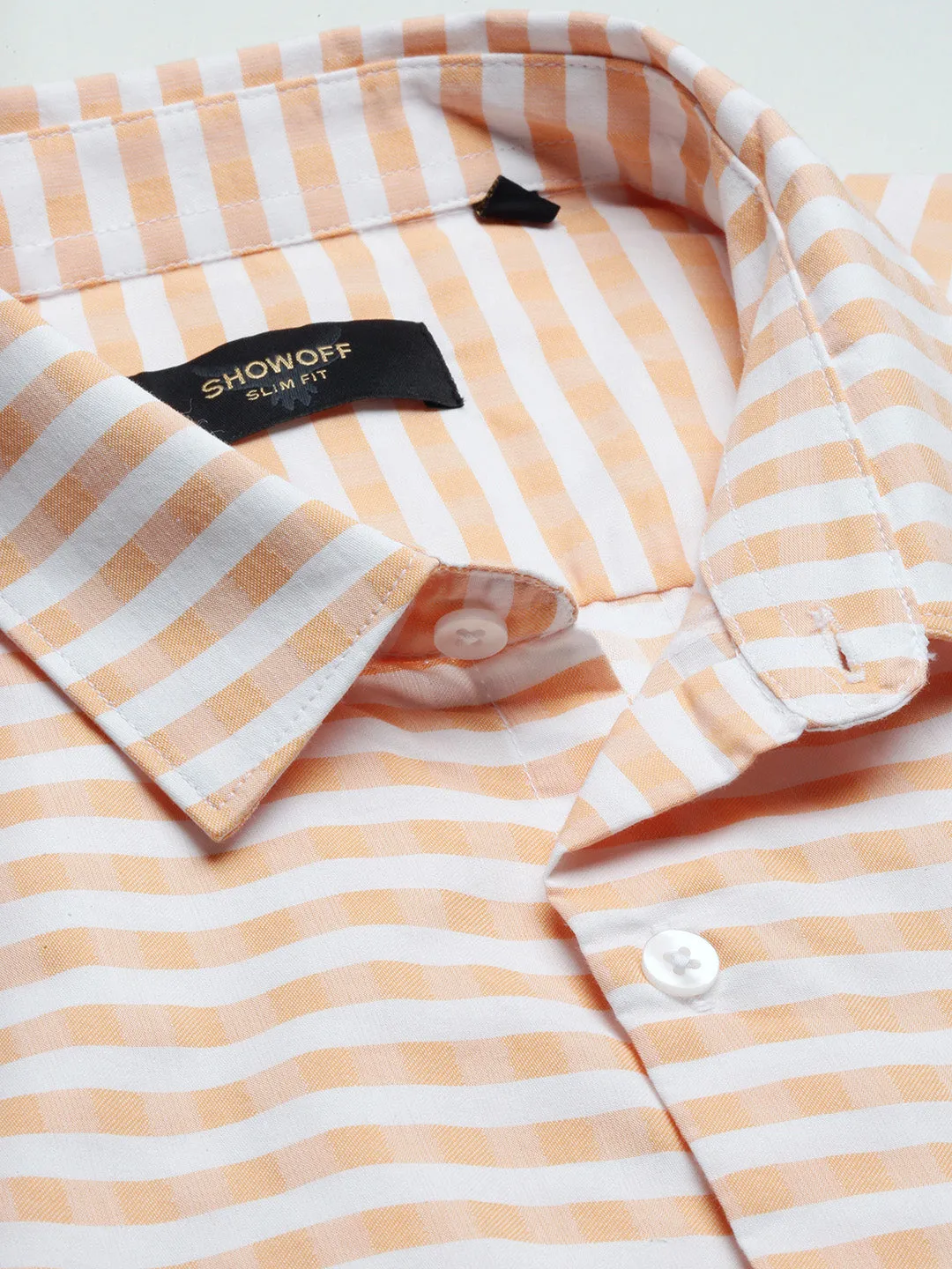 Men Spread Collar Checked Slim Fit Orange Shirt