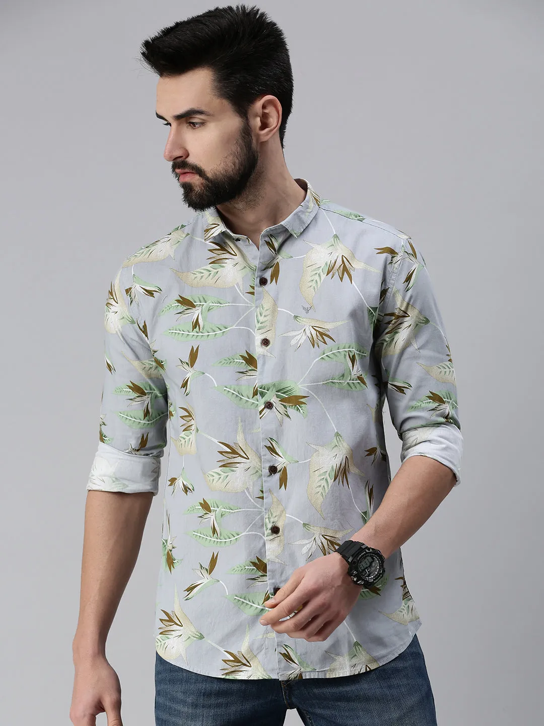 Men Spread Collar Printed Grey Shirt