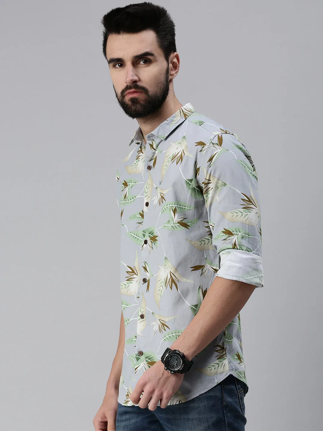 Men Spread Collar Printed Grey Shirt