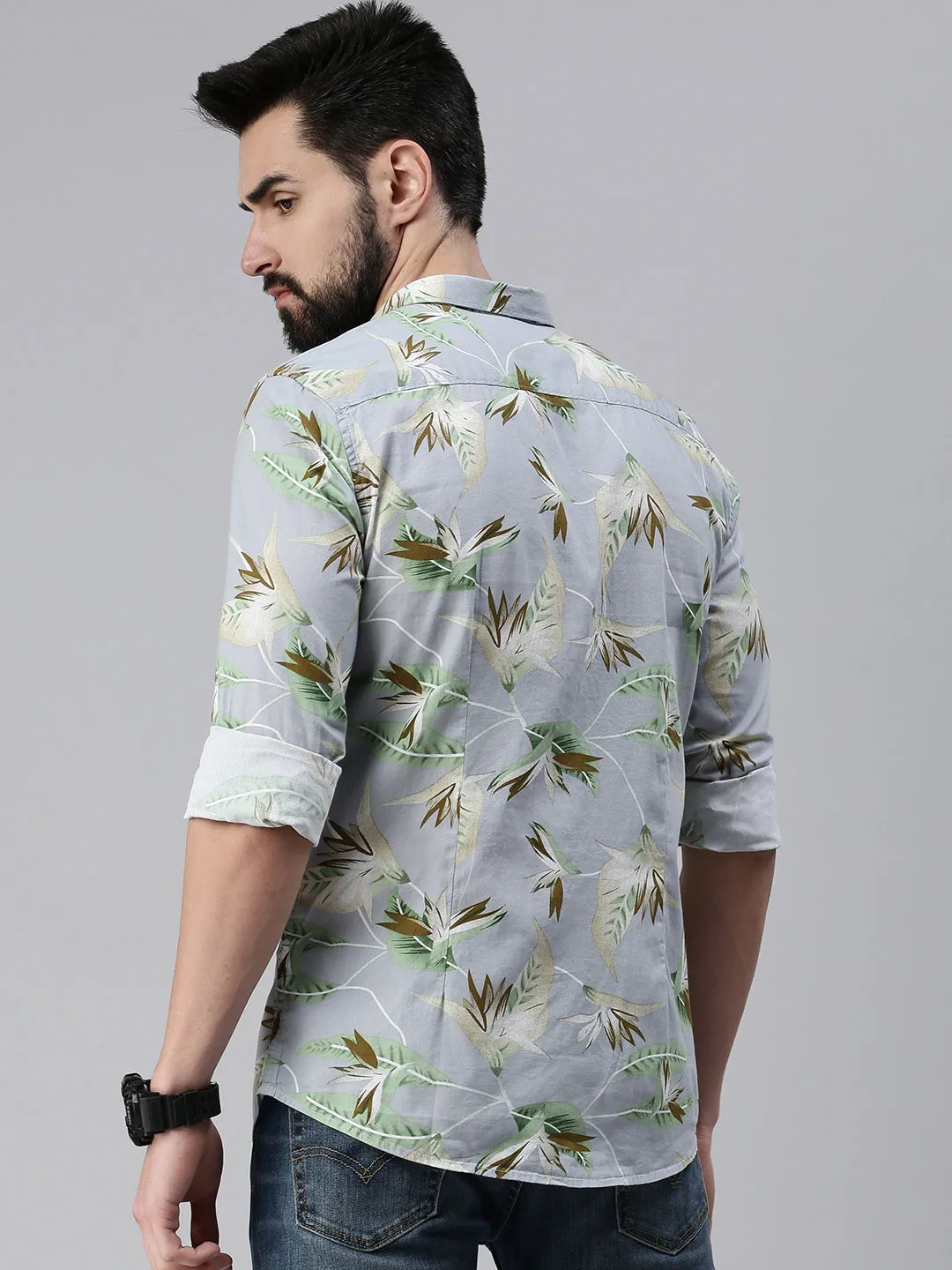 Men Spread Collar Printed Grey Shirt