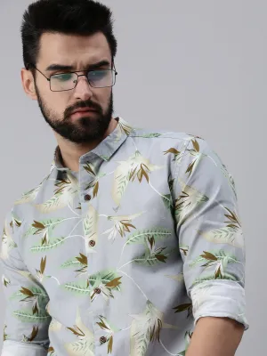 Men Spread Collar Printed Grey Shirt