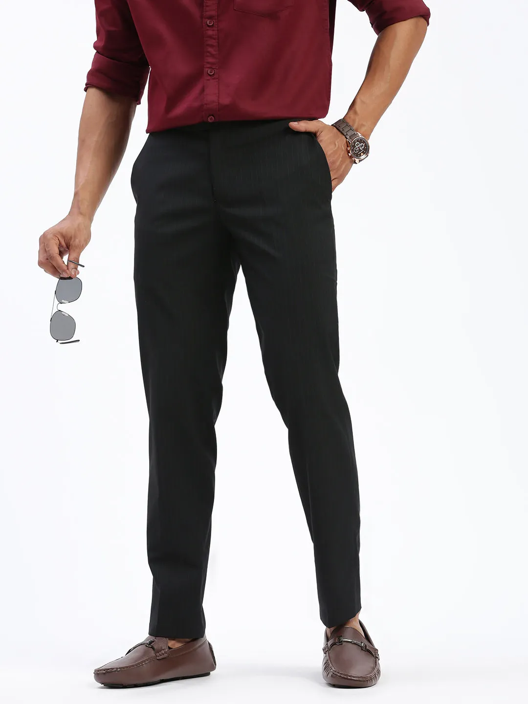 Men Striped Black Formal Trousers