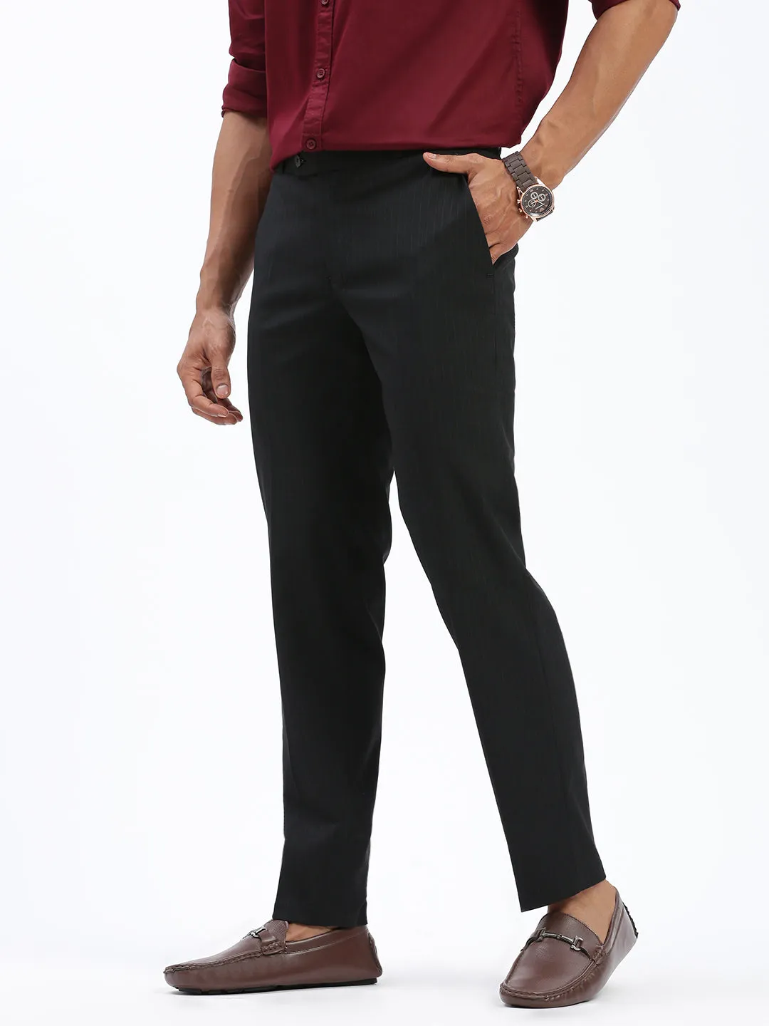 Men Striped Black Formal Trousers