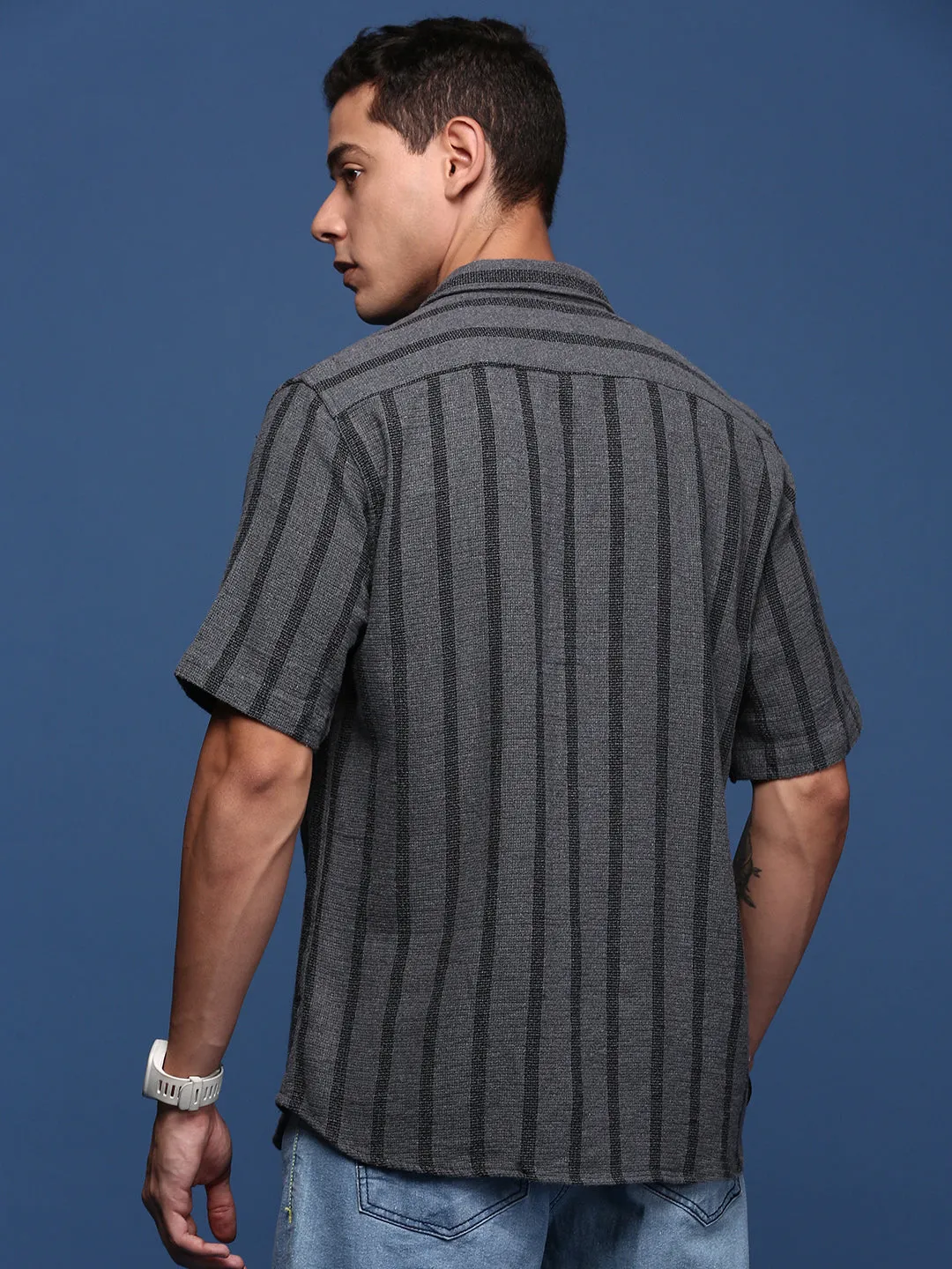 Men Striped Grey Slim Fit Shirt