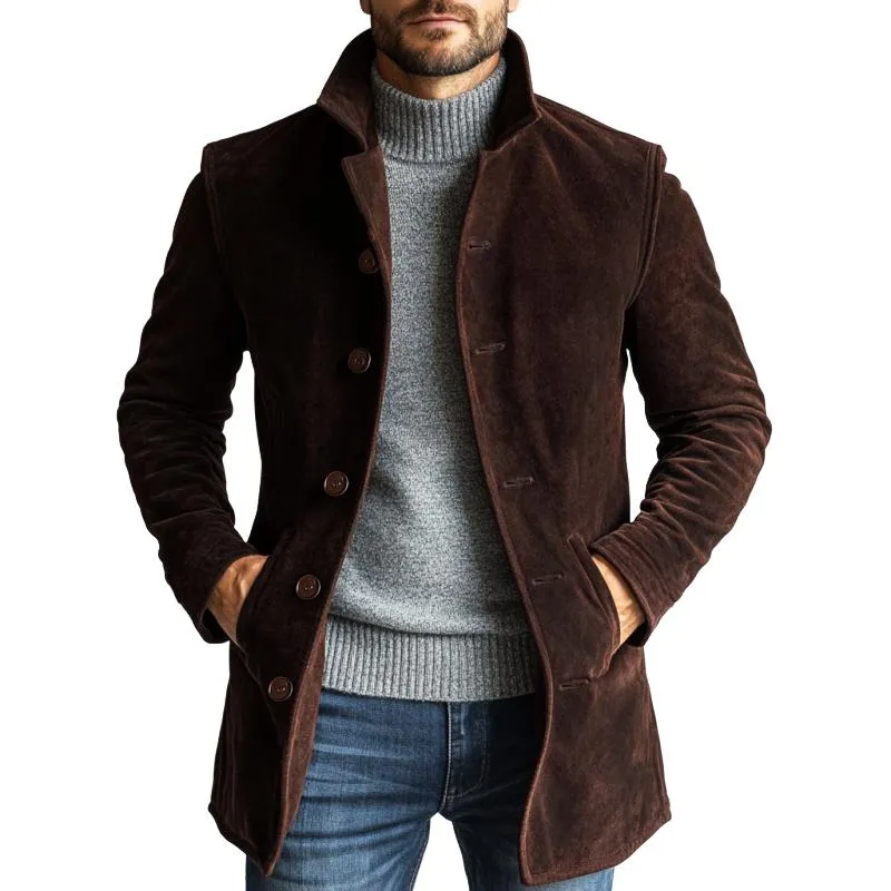 Men's Casual Solid Suede Single Breasted Mid-Length Coat 94491369Y