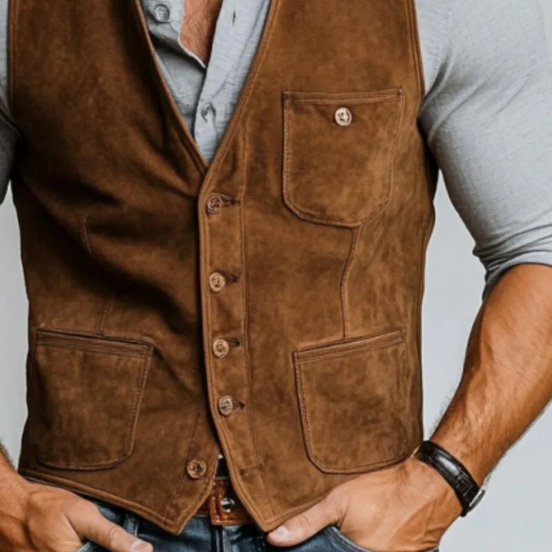 Men's Vintage Suede Single Breasted V Neck Slim Fit Vest 61308554Y