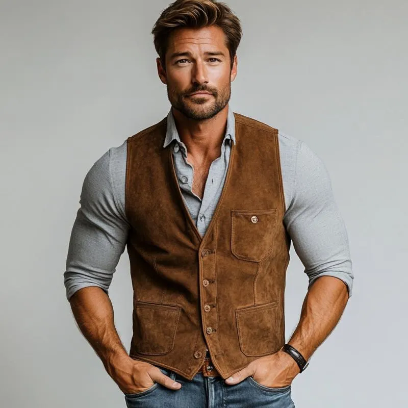 Men's Vintage Suede Single Breasted V Neck Slim Fit Vest 61308554Y