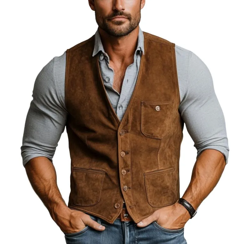 Men's Vintage Suede Single Breasted V Neck Slim Fit Vest 61308554Y