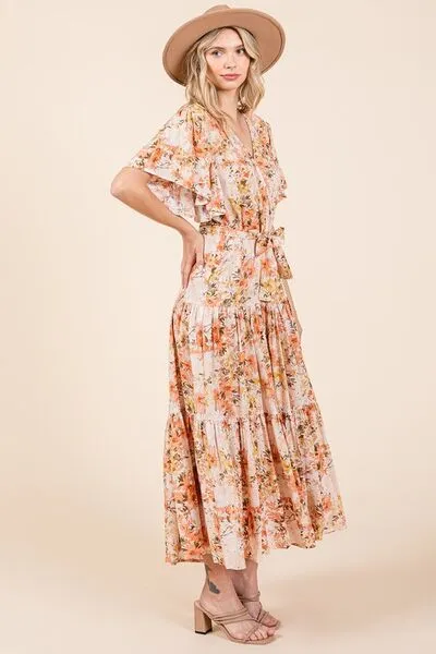 Mittoshop Floral Tie Waist Flutter Sleeve Tiered Dress