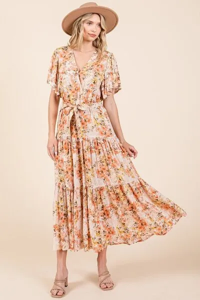 Mittoshop Floral Tie Waist Flutter Sleeve Tiered Dress