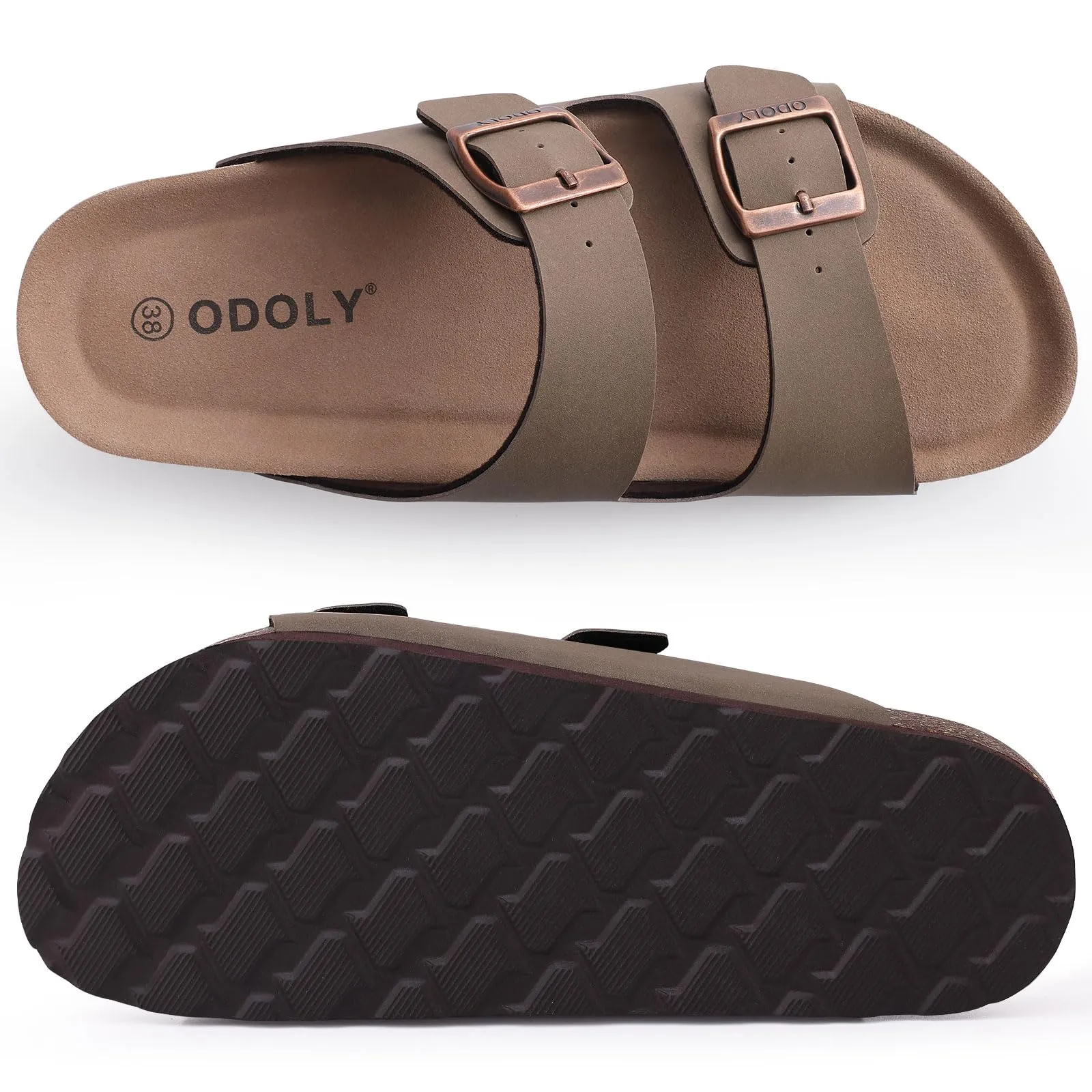 ODOLY Women's Cork Footbed Slide Sandal, Comfortable Summer Beach Sandals with Adjustable Buckle, Brown Size 8-8.5