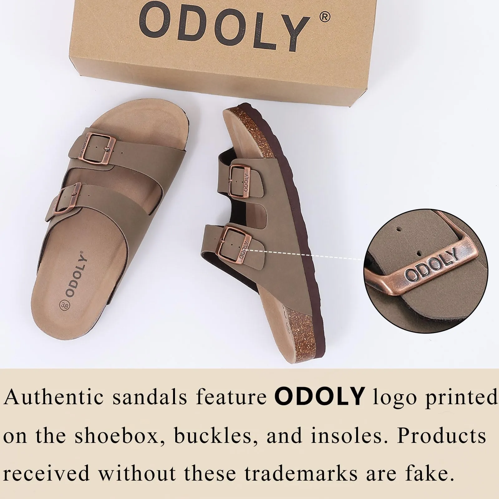 ODOLY Women's Cork Footbed Slide Sandal, Comfortable Summer Beach Sandals with Adjustable Buckle, Brown Size 8-8.5