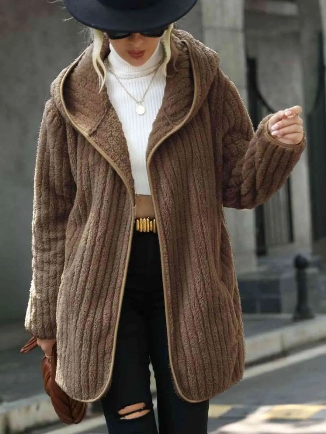 Open Front Ribbed Hooded Sweater Cardigan Coat