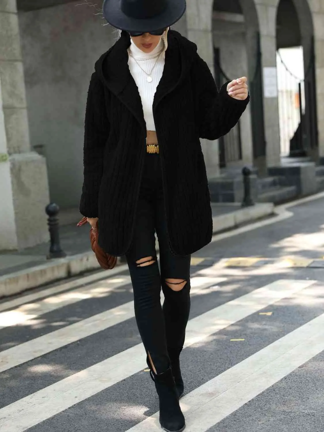 Open Front Ribbed Hooded Sweater Cardigan Coat