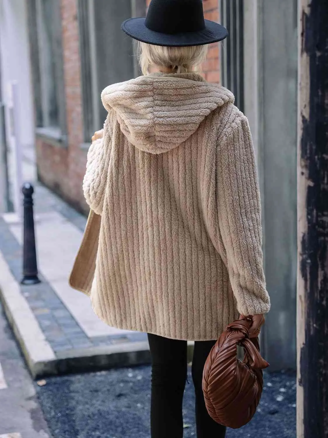 Open Front Ribbed Hooded Sweater Cardigan Coat