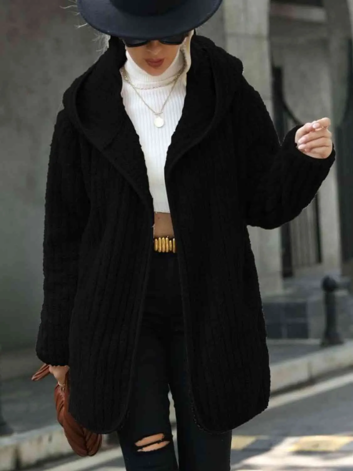 Open Front Ribbed Hooded Sweater Cardigan Coat