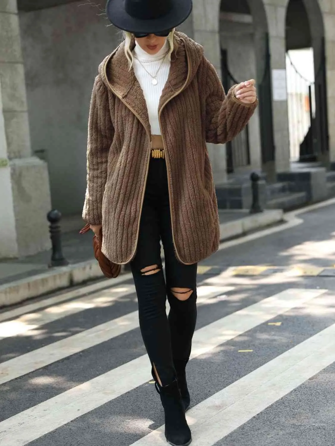 Open Front Ribbed Hooded Sweater Cardigan Coat