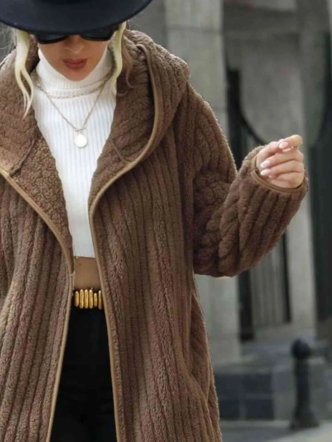 Open Front Ribbed Hooded Sweater Cardigan Coat