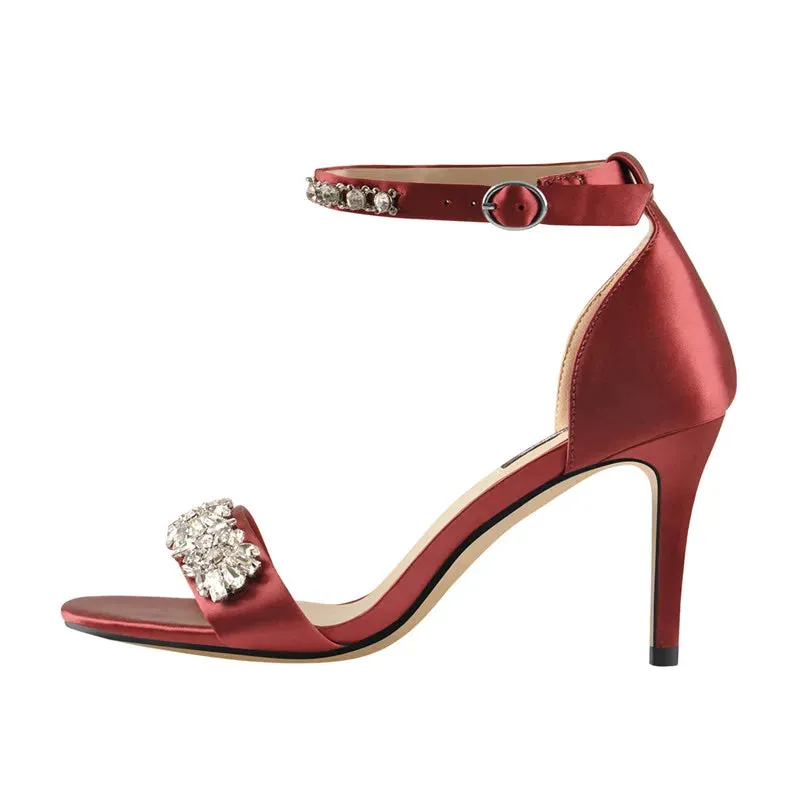 Silk Rhinestone Embellished Ankle Strap High Heel Sandals