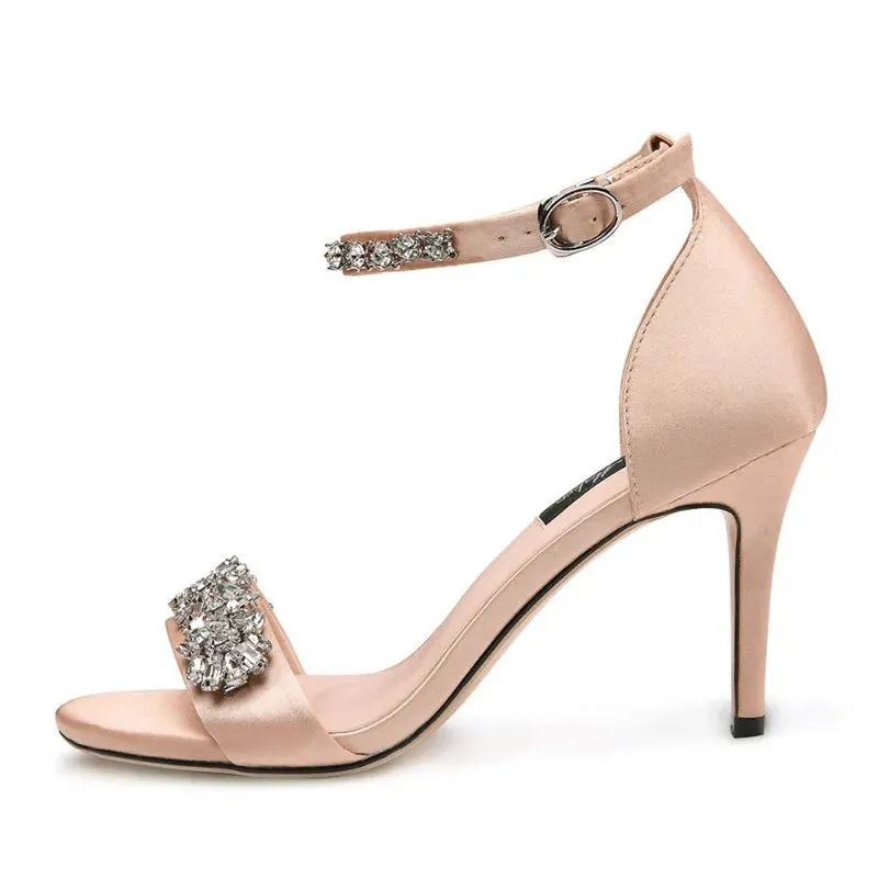 Silk Rhinestone Embellished Ankle Strap High Heel Sandals