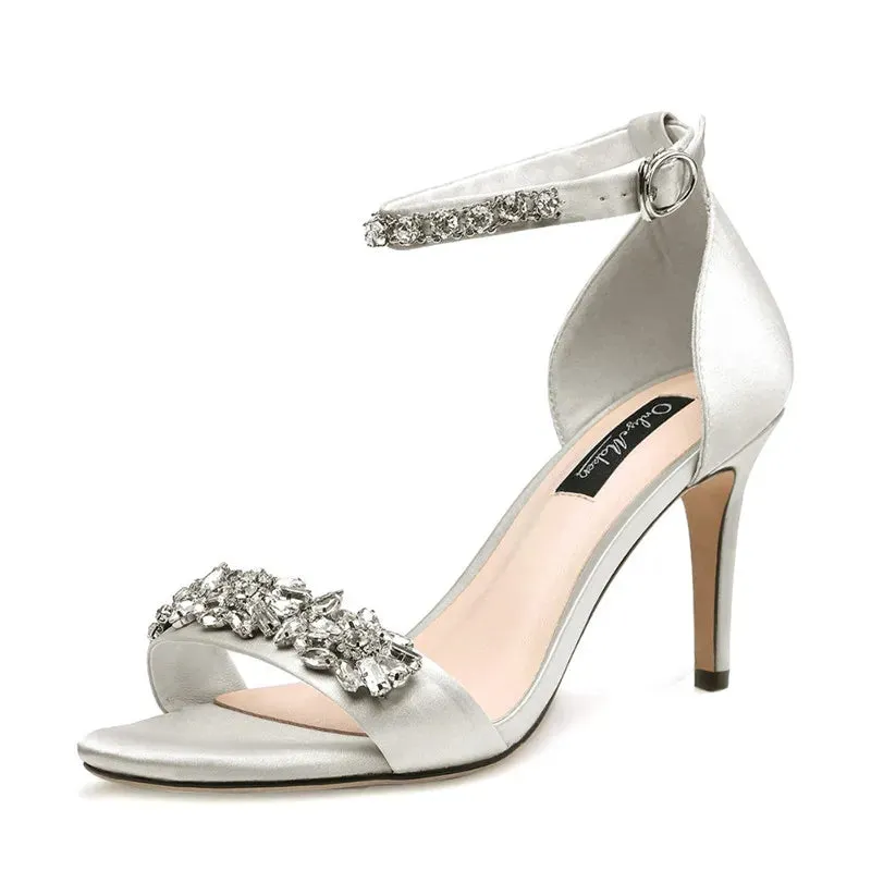 Silk Rhinestone Embellished Ankle Strap High Heel Sandals