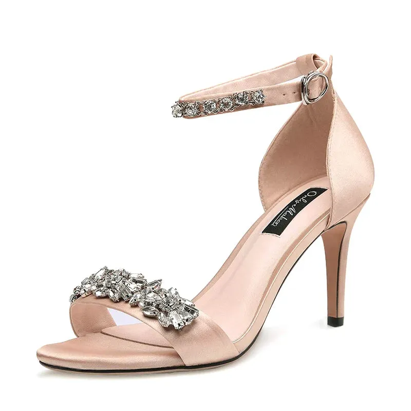 Silk Rhinestone Embellished Ankle Strap High Heel Sandals