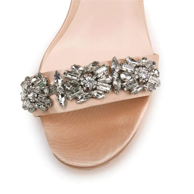 Silk Rhinestone Embellished Ankle Strap High Heel Sandals