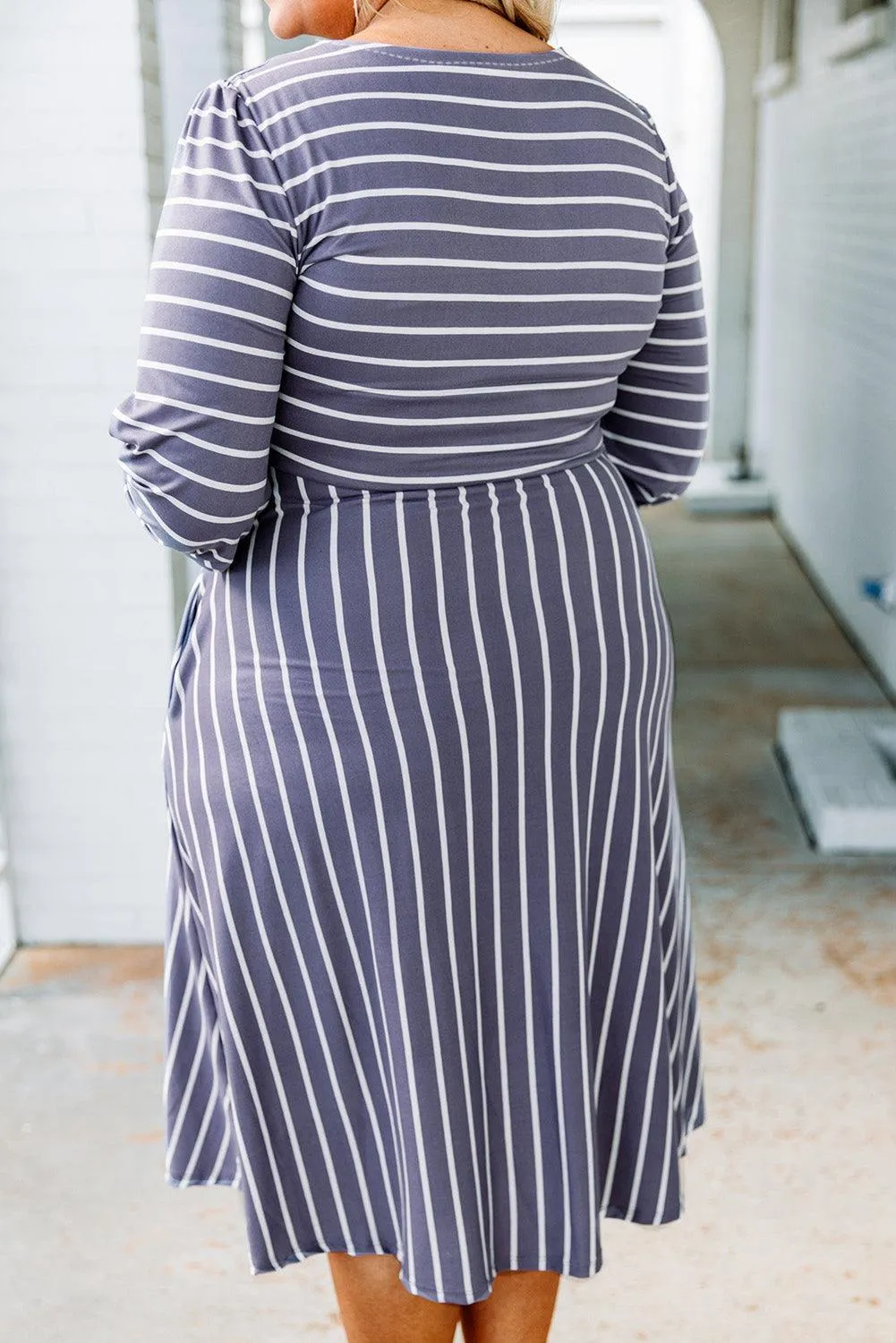 Striped Tie Waist 3/4 Sleeve Plus Size Dress