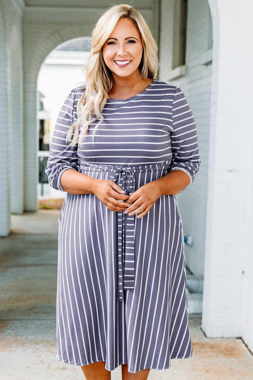 Striped Tie Waist 3/4 Sleeve Plus Size Dress