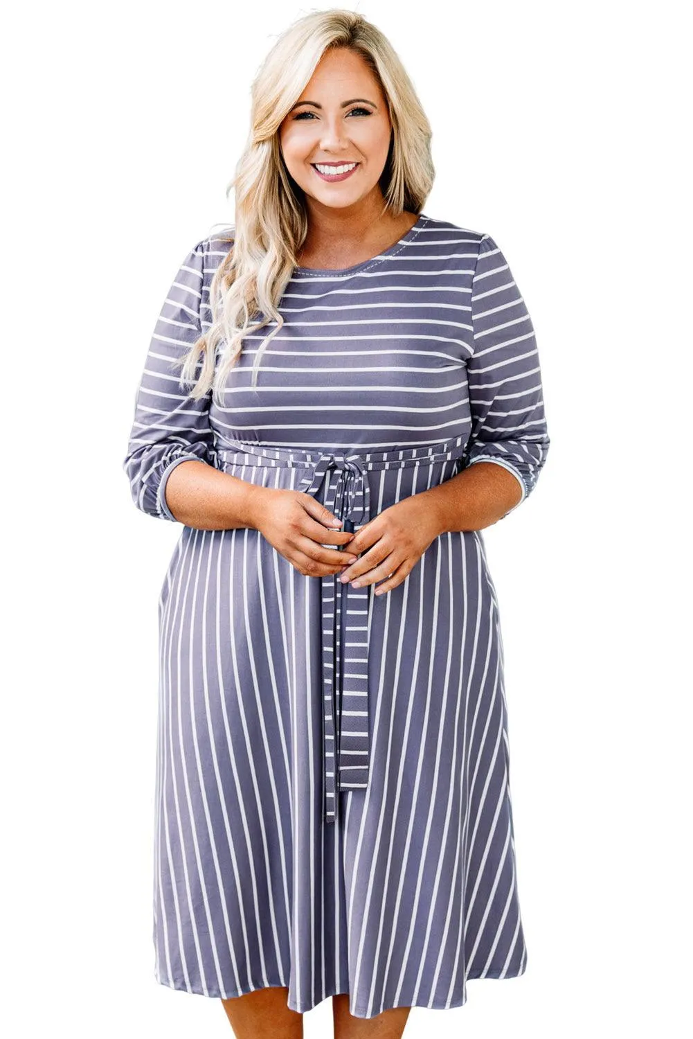 Striped Tie Waist 3/4 Sleeve Plus Size Dress