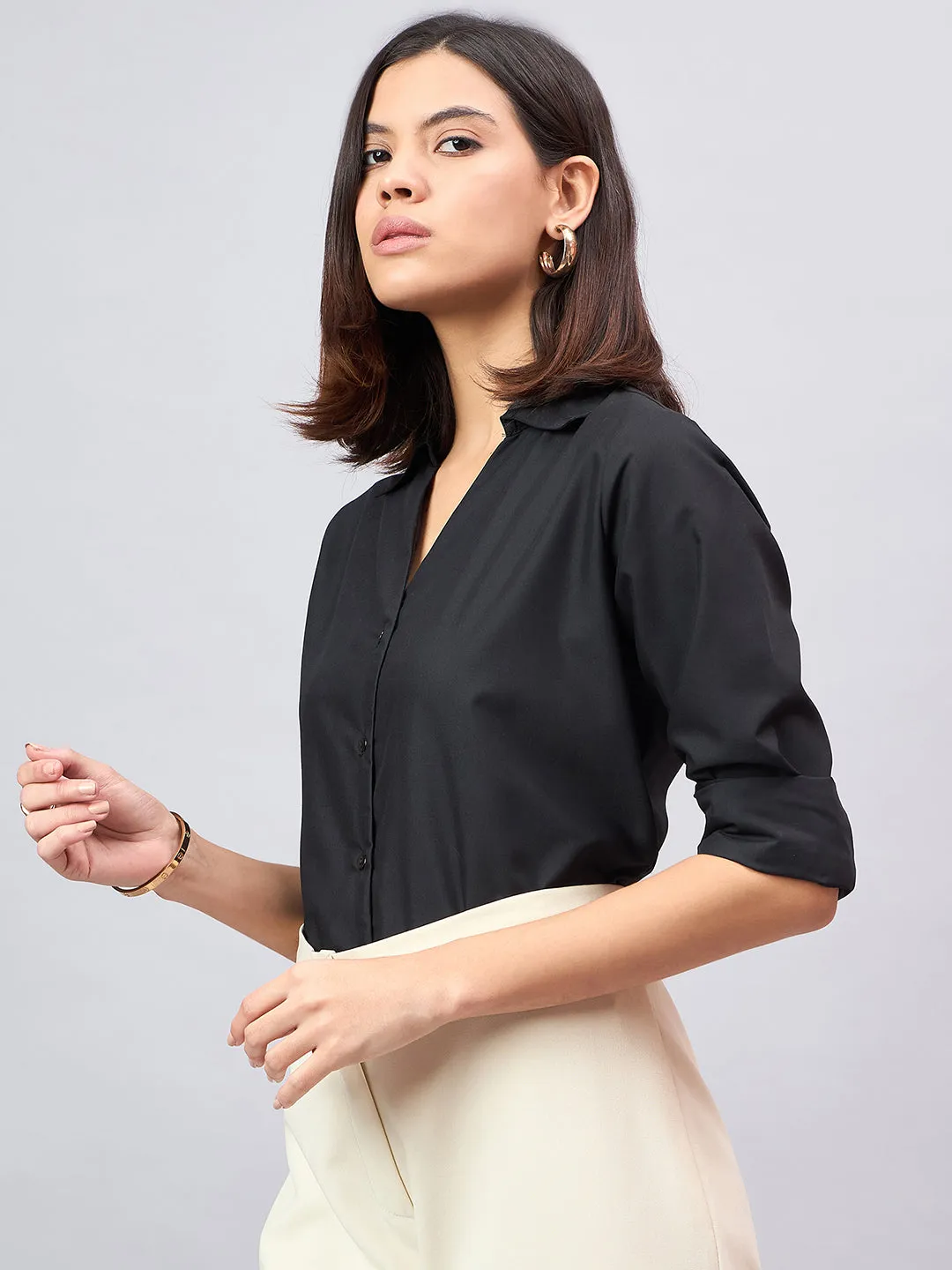 Style Quotient Women Black Solid Formal Shirt