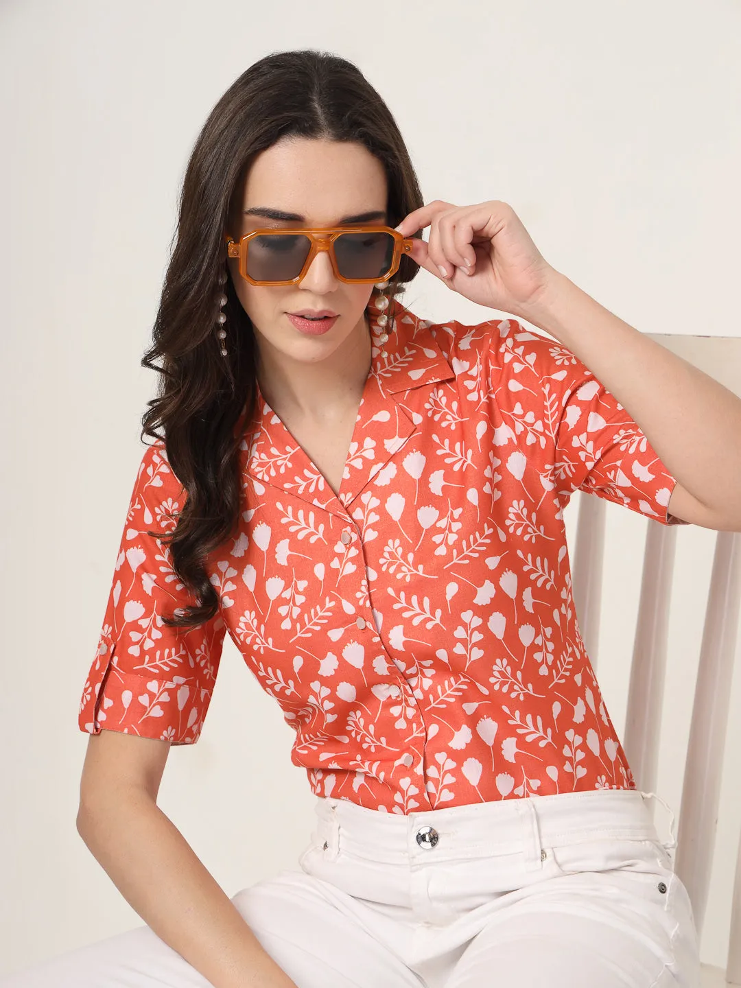 Style Quotient Women Brown And White Floral Printed Polyviscose short Sleeve Semi Formal Shirt