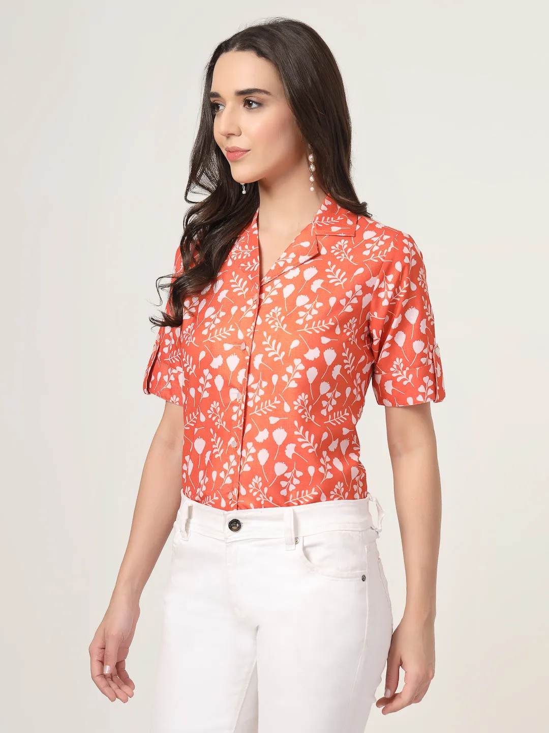 Style Quotient Women Brown And White Floral Printed Polyviscose short Sleeve Semi Formal Shirt