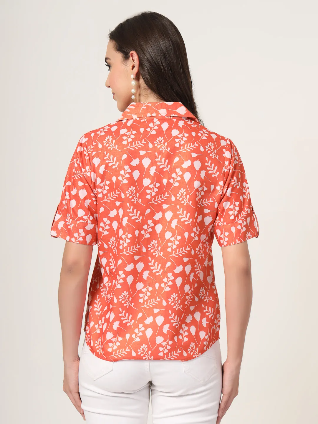 Style Quotient Women Brown And White Floral Printed Polyviscose short Sleeve Semi Formal Shirt