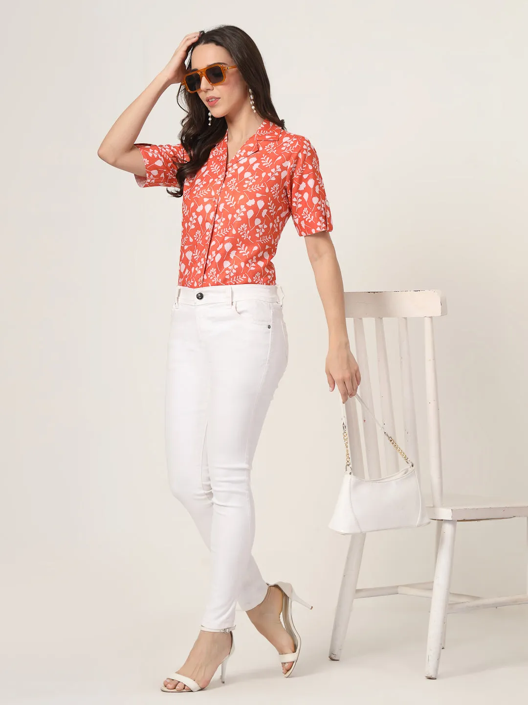 Style Quotient Women Brown And White Floral Printed Polyviscose short Sleeve Semi Formal Shirt