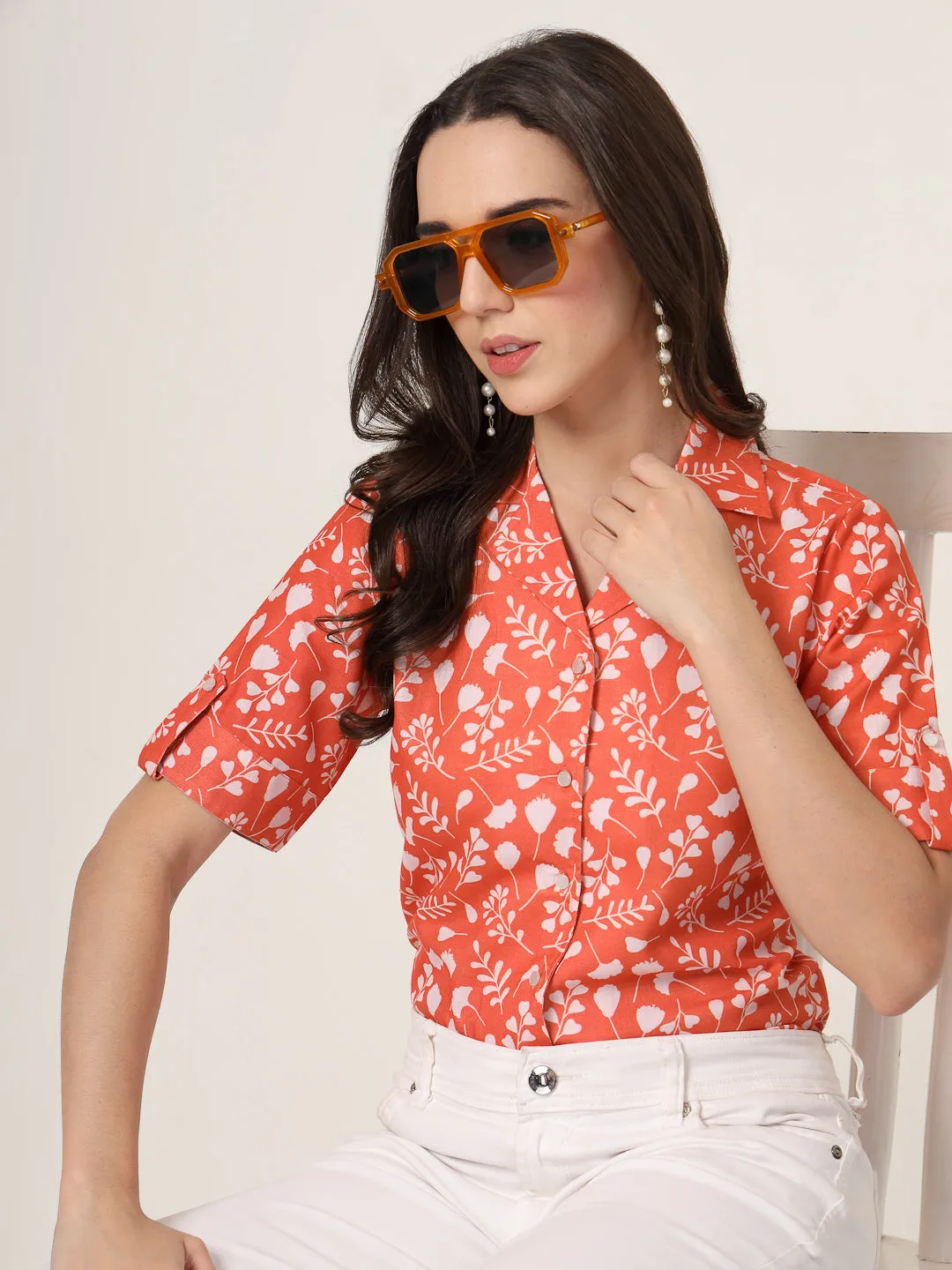 Style Quotient Women Brown And White Floral Printed Polyviscose short Sleeve Semi Formal Shirt